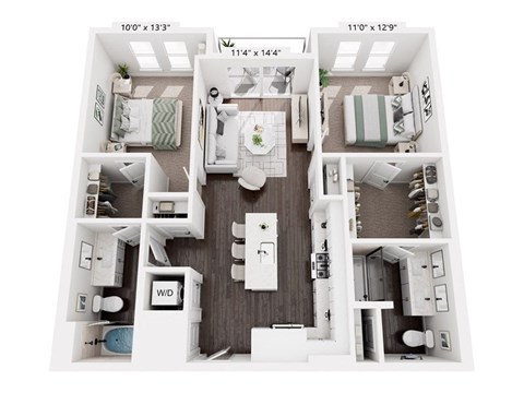 Floor plan for 2 beds, 2 baths, 1058 sqft